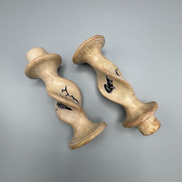 Vtg Carved Handpainted Soapstone Twisted Candlestick Holders Elephant Rhinoceros - Picture 3 of 8